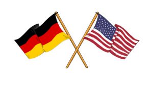cartoon-like drawings of flags showing friendship between Germany and USA